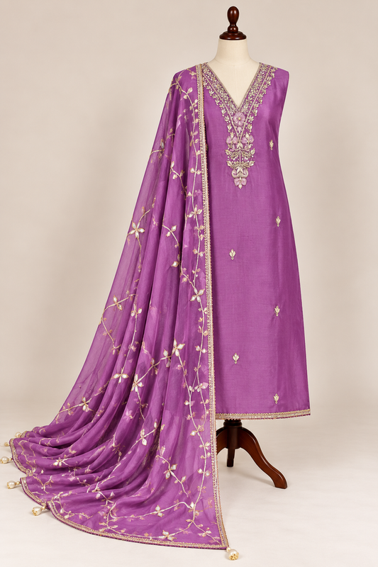 Royal Plum Russian Silk Suit with Handwork & Gota Jaal Dupatta