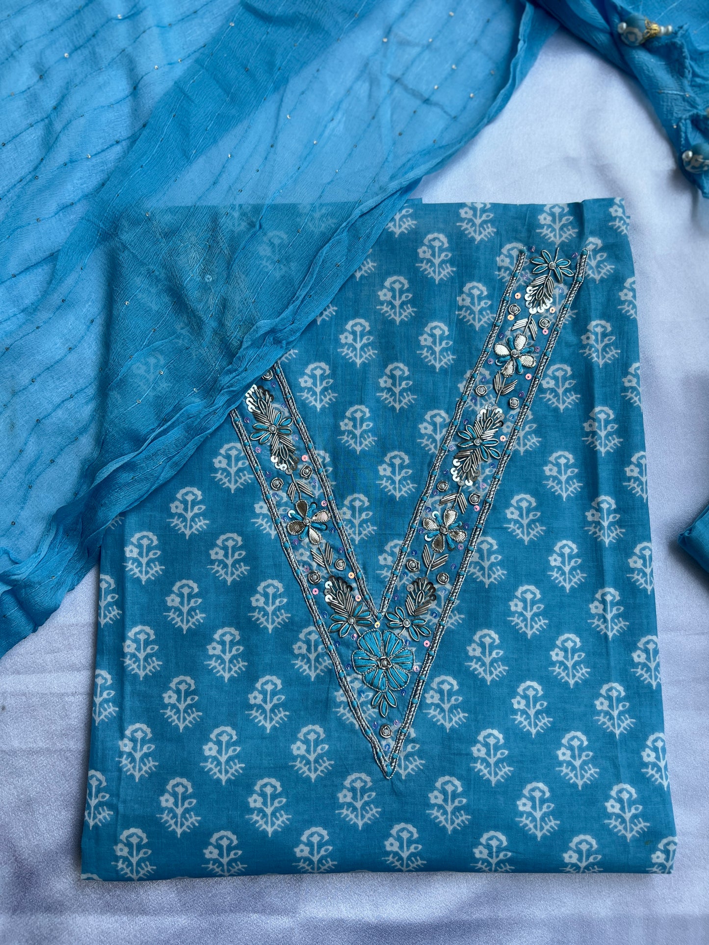 Sky Blue Cotton Suit with Delicate Hand Embroidery & Tassel Dupatta