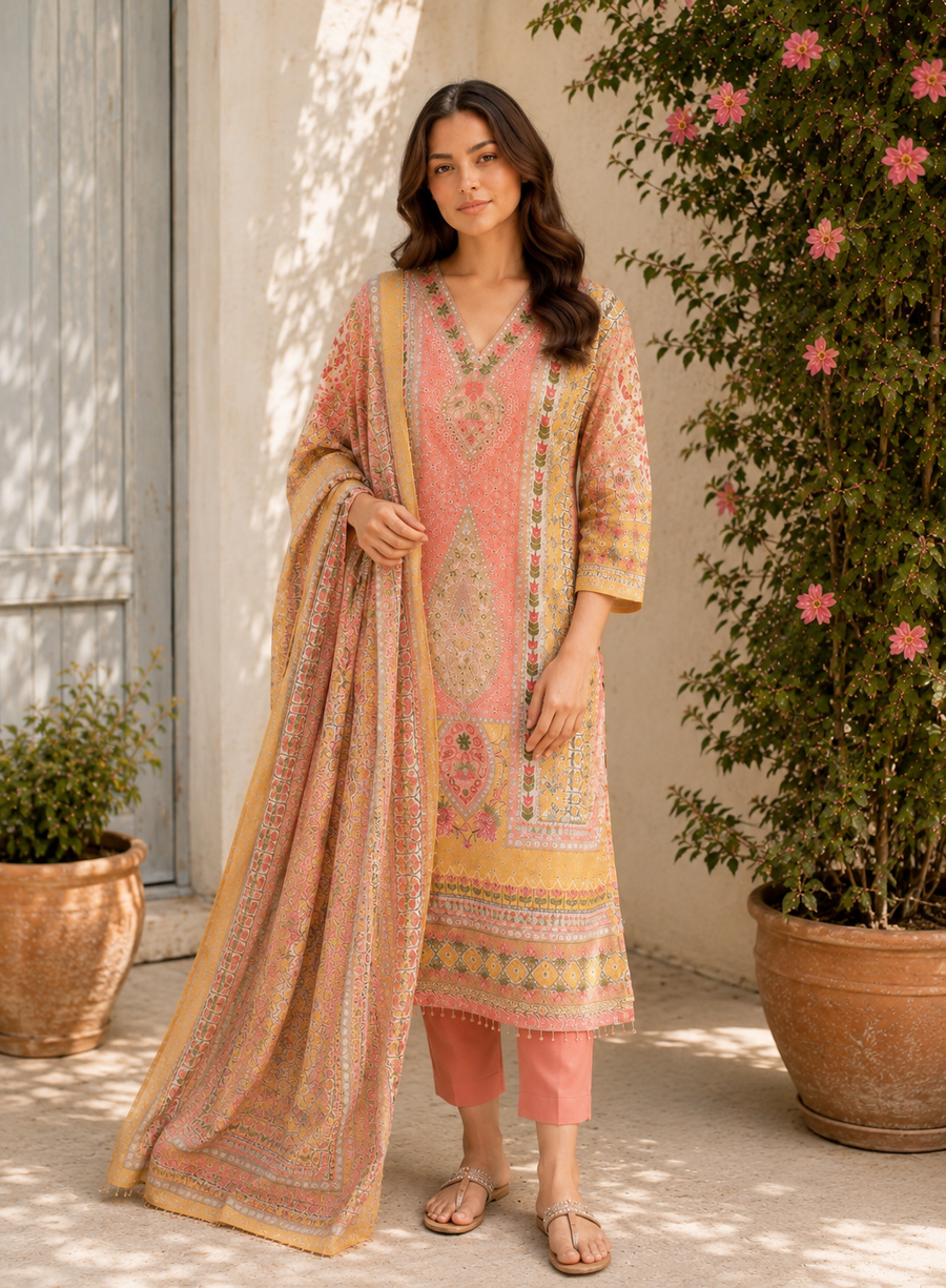 Peach & Yellow Printed Maslin Suit with Mirror Work
