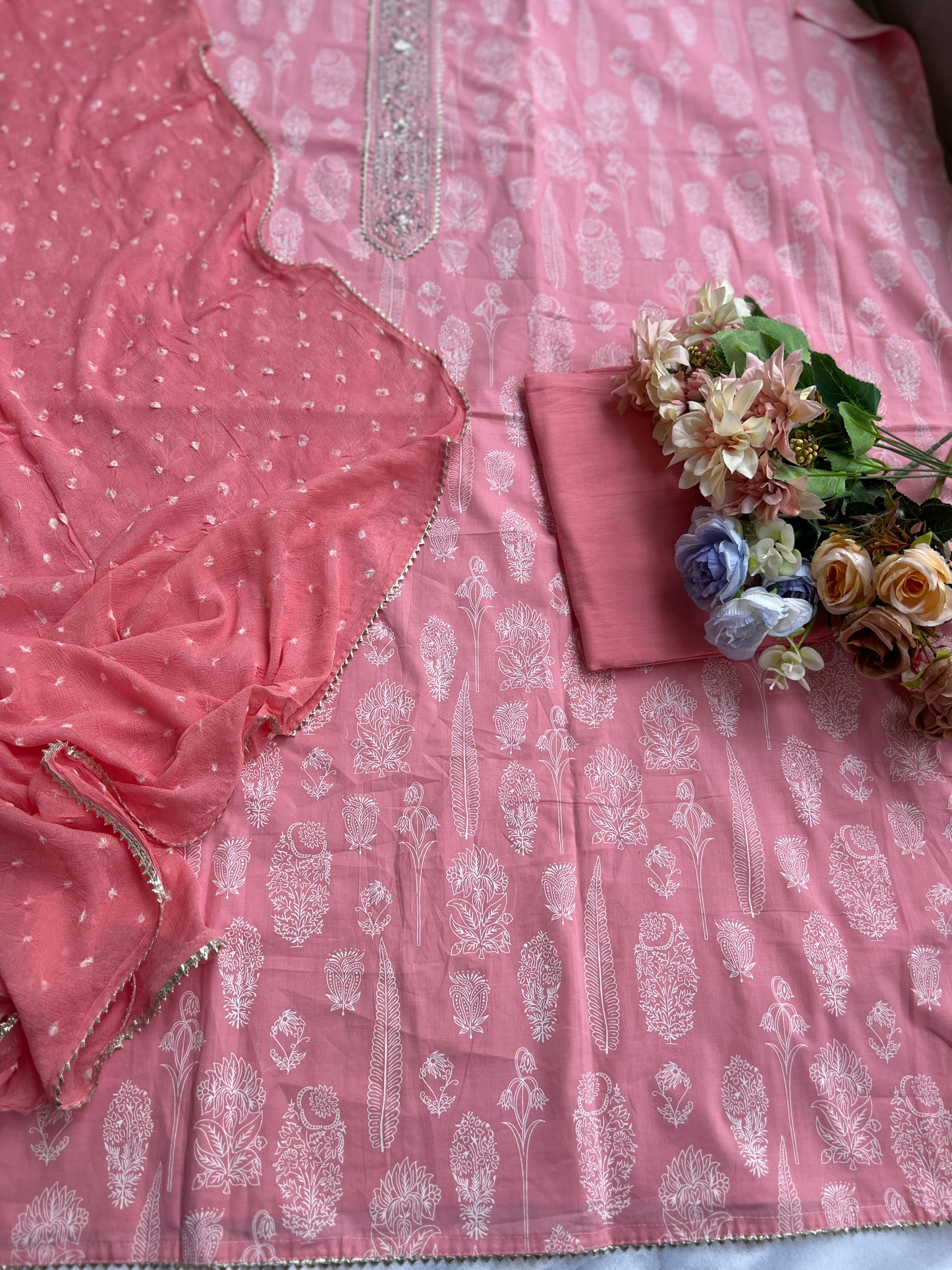 Soft Blush Pink Cotton Suit with Elegant Handwork