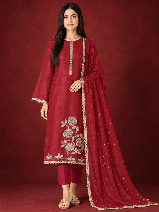 Beaded Crushed Shimmer Silk Suit Set