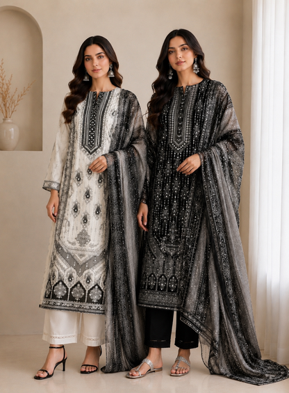 Black & White Elegance – Karachi Print Crepe Mirror Embroidered Suit