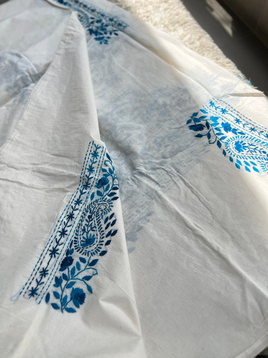 Ivory & Midnight Blue Hand Embroidered Cotton Suit Set