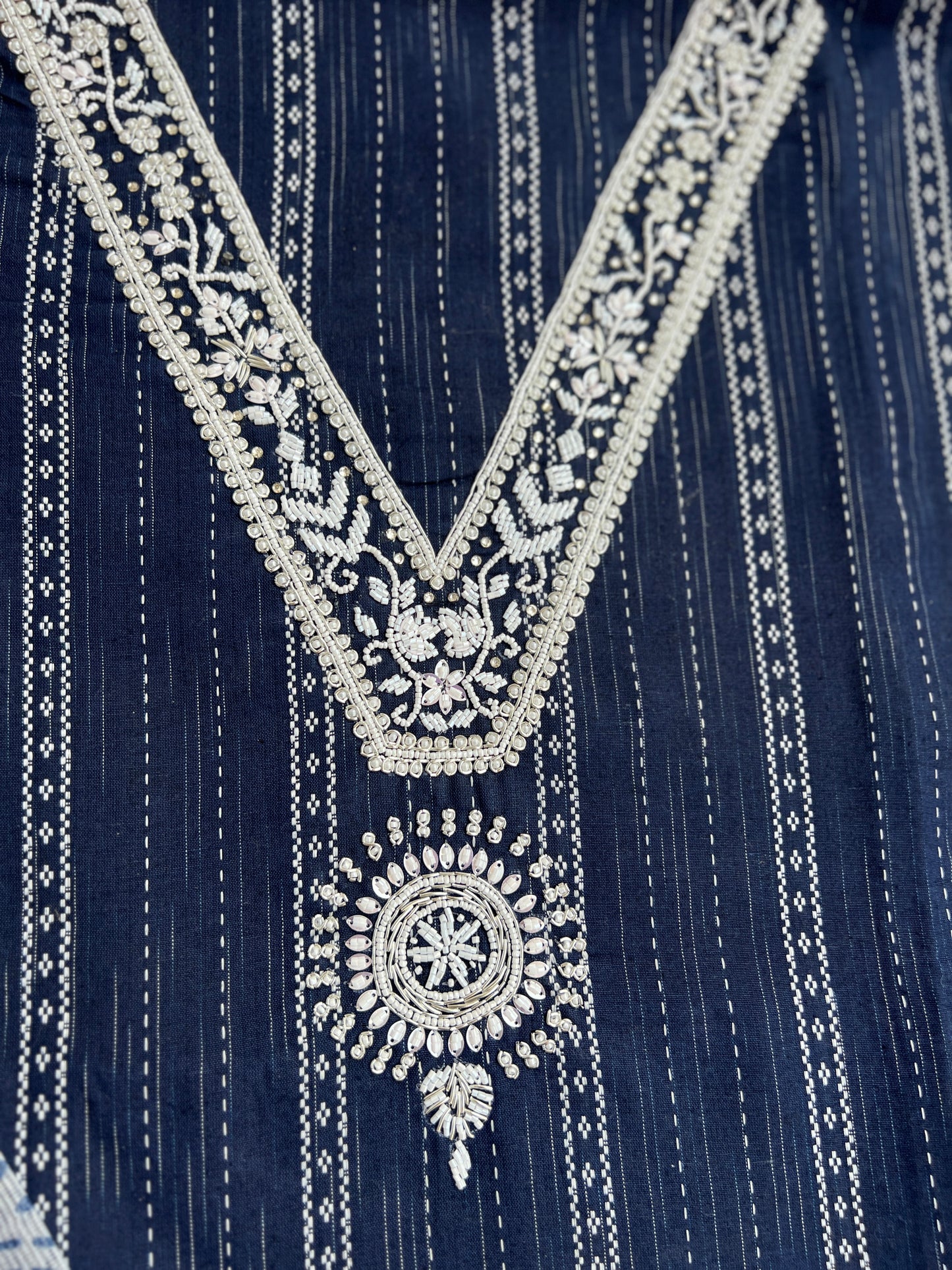 Navy Blue khadi Cotton suit with Handwork & Kota Doriya Dupatta