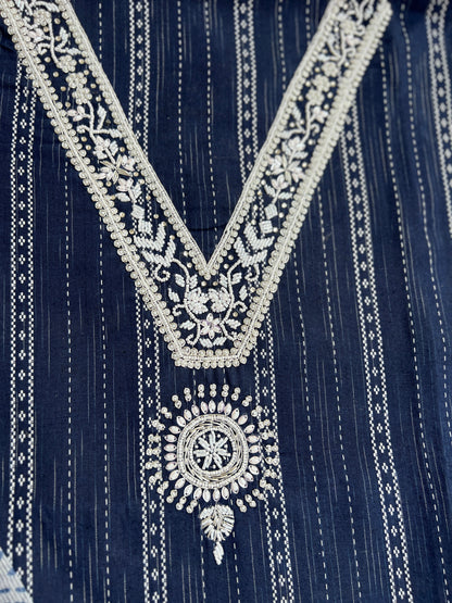 Navy Blue khadi Cotton suit with Handwork & Kota Doriya Dupatta
