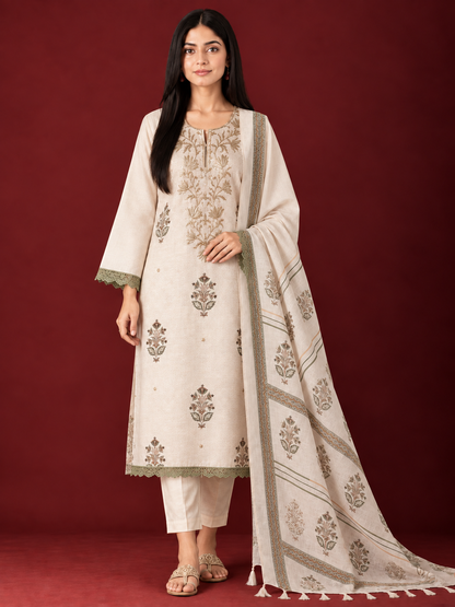 PITTA EMBROIDERED HAND-BLOCK LINEN SUIT SET
