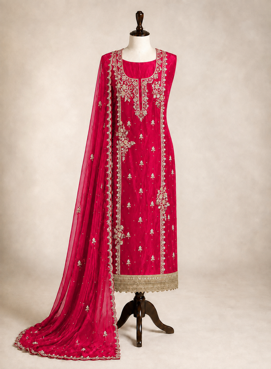 Crimson Red  Farrukhabadi Dabka & Zari Handwork Unstitched Suit