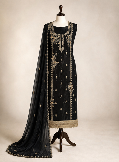 Black Farrukhabadi Dabka & Zari Handwork Unstitched Suit