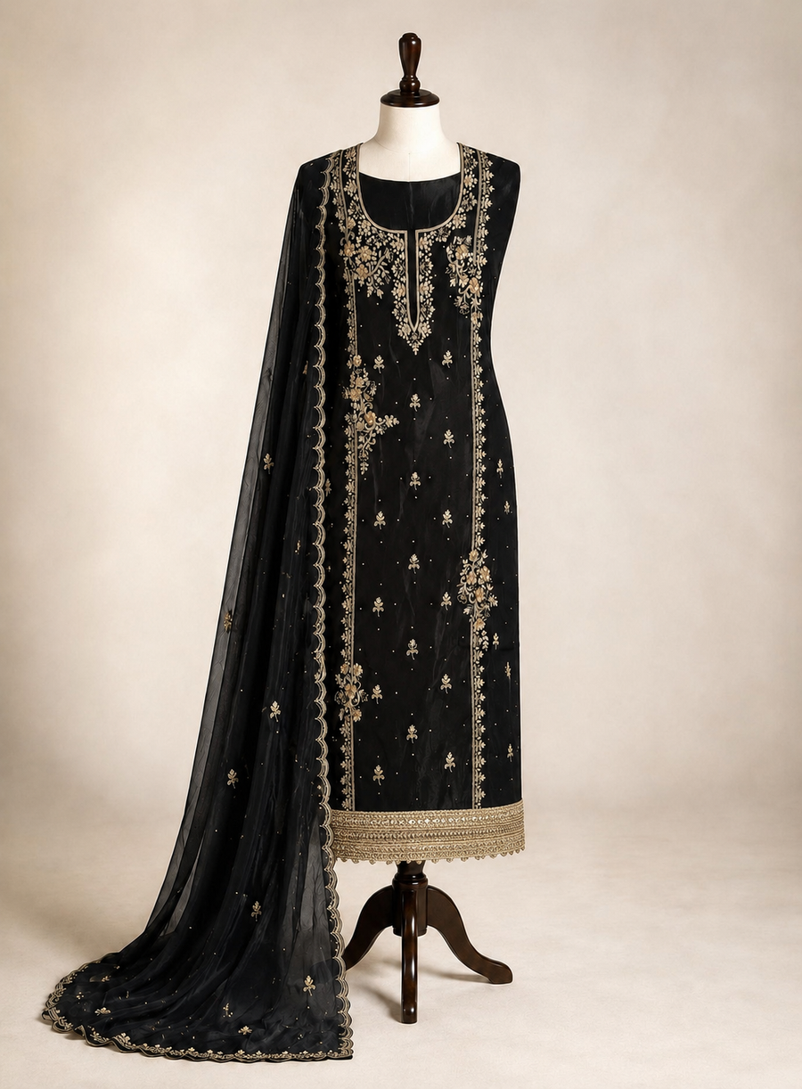 Black Farrukhabadi Dabka & Zari Handwork Unstitched Suit