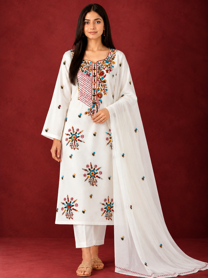 Pure Mul Cotton Hand-Embroidered Suit Set