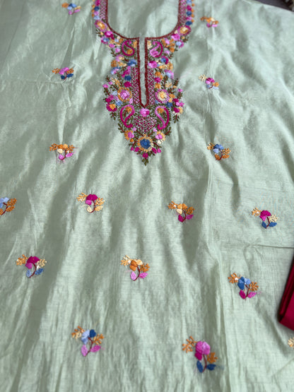 Mint Chanderi Silk Floral Embroidery Set