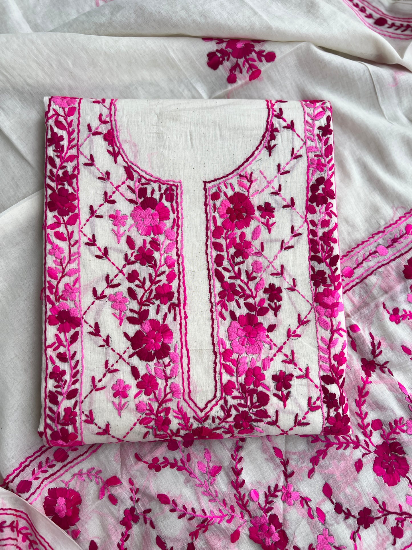 Ivory & Fuchsia Pure Cotton Hand-Embroidered Unstitched Dress