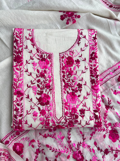 Ivory & Fuchsia Pure Cotton Hand-Embroidered Unstitched Dress