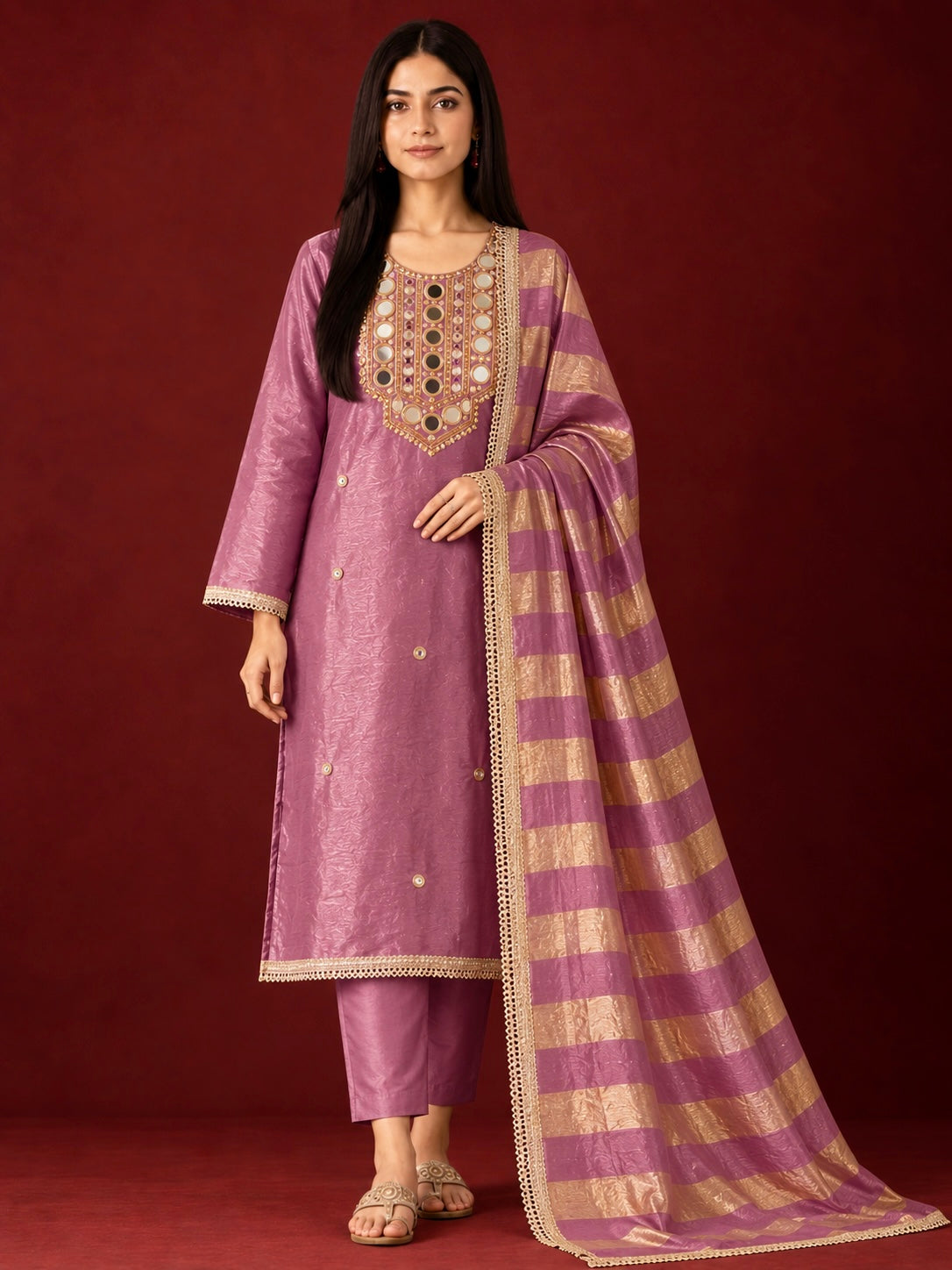Crushed Shimmer Silk Mirror Work Suit Set