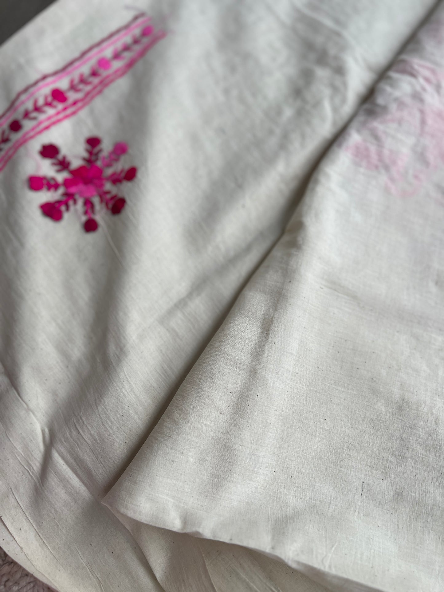 Ivory & Fuchsia Pure Cotton Hand-Embroidered Unstitched Dress