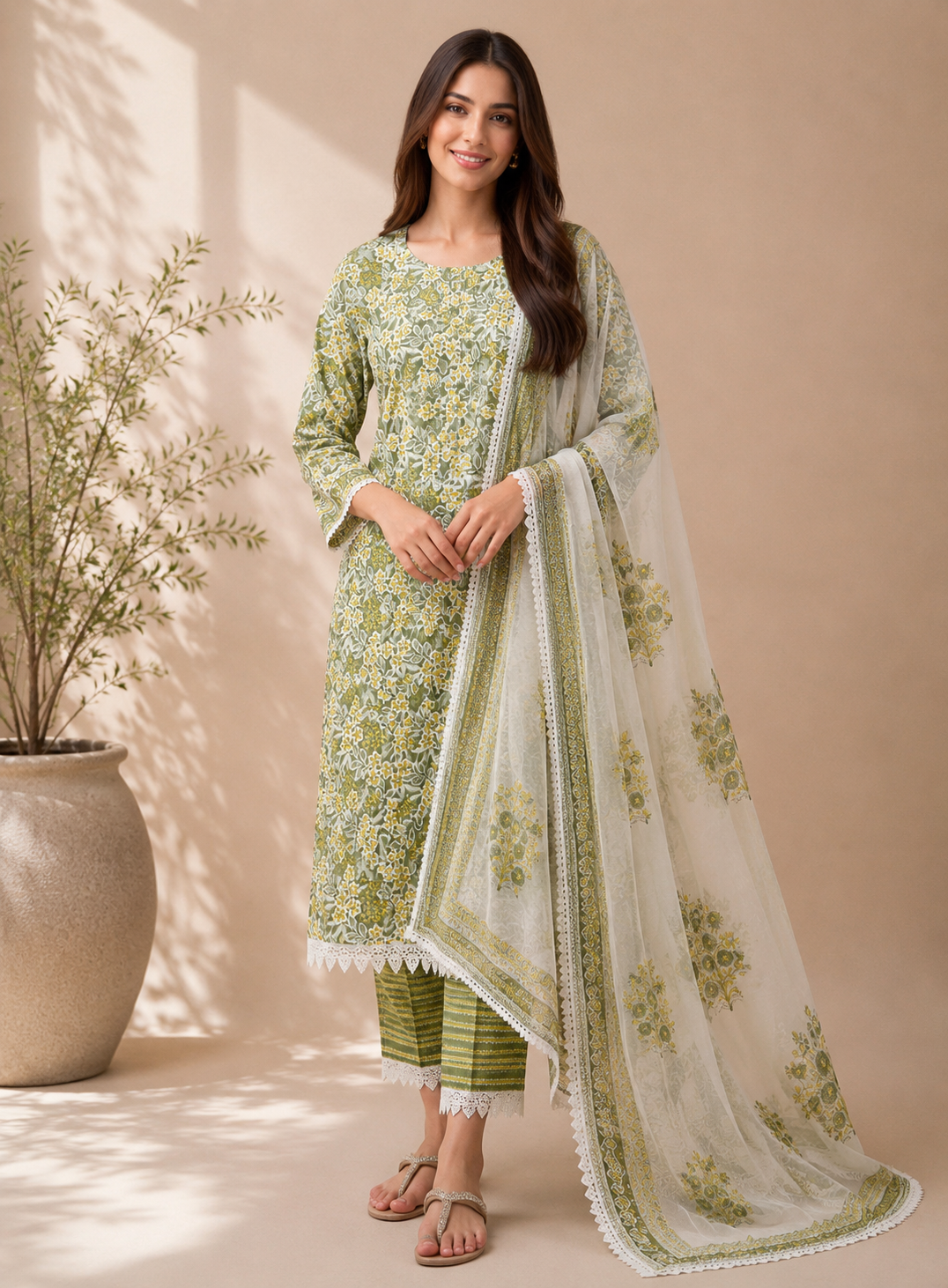 Green  Floral Cotton Elegance