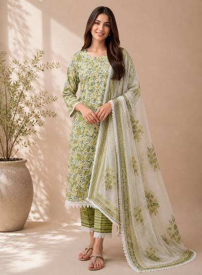 Green  Floral Cotton Elegance