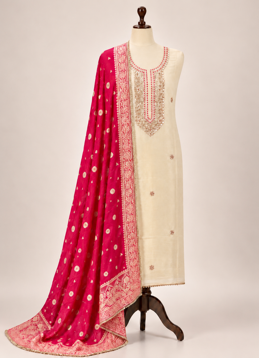 Ivory  Shimmer Silk Handworked Suit