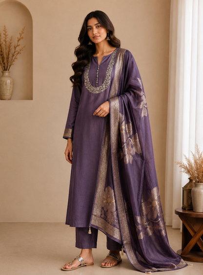 U-Neck Shimmer Silk Suit with Handwork & Floral Dola Silk Dupatta