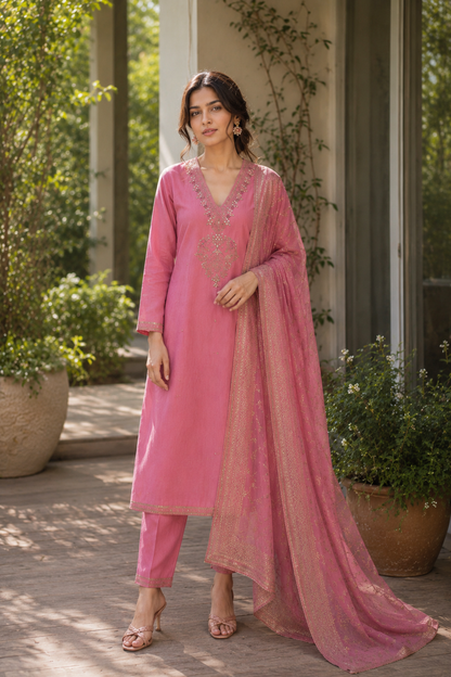 Soft Glow – Handworked Crushed Shimmer Silk Suit
