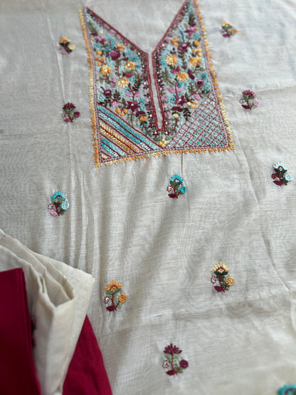 Beige Blossom Hand-Embroidered Chanderi Silk