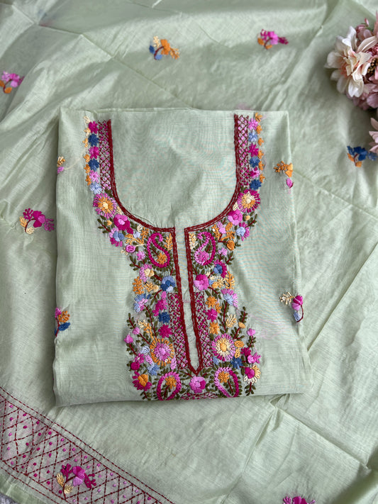 Mint Chanderi Silk Floral Embroidery Set