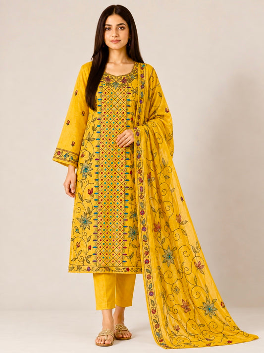 Sunlit Mustard Kathiyawadi Hand-Embroidered Suit Set
