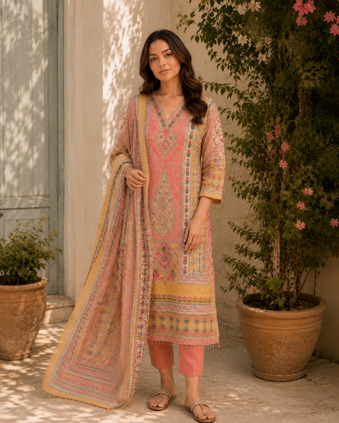 Peach & Yellow Printed Maslin Suit with Mirror Work
