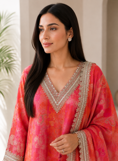 Sunset Blush Semi-Stitched Set with Stunning Lace Detailing