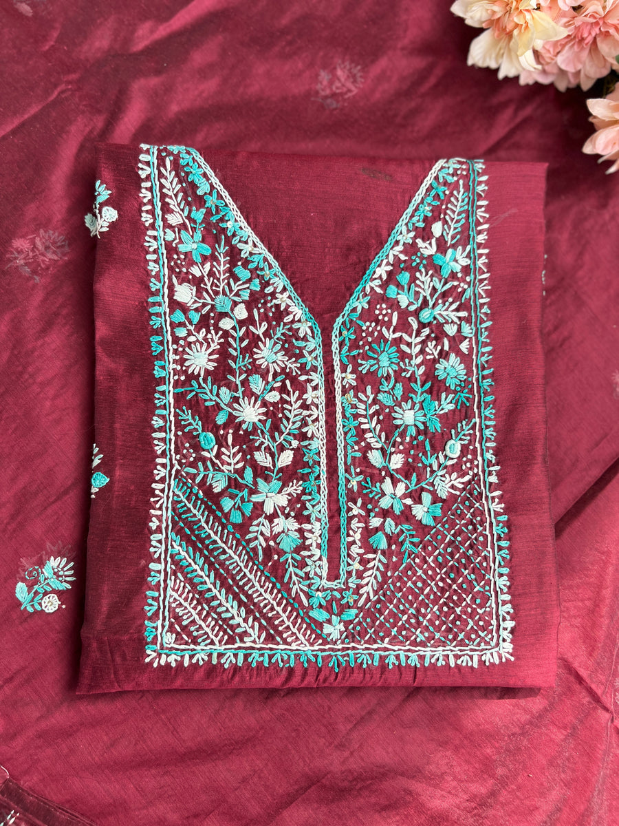 Wine Hand-Embroidered Chanderi Silk