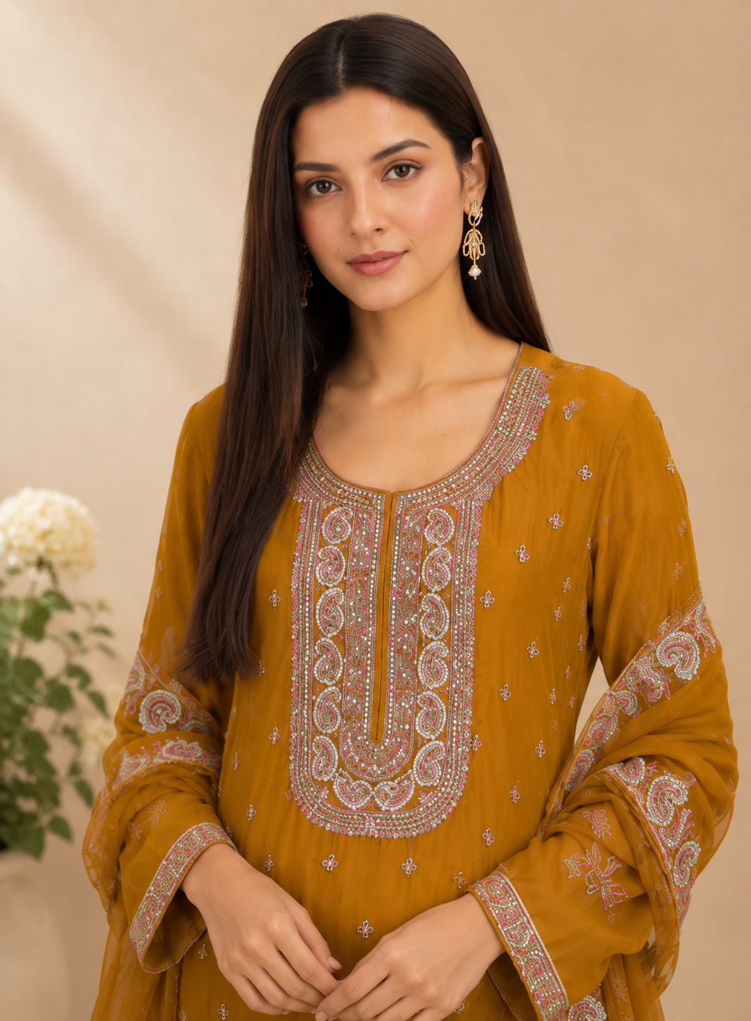 Elegant Chinnon Suit with Embroidered Neck & Daman