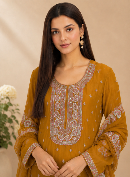 Elegant Chinnon Suit with Embroidered Neck & Daman