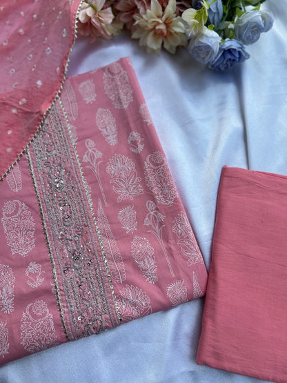 Soft Blush Pink Cotton Suit with Elegant Handwork