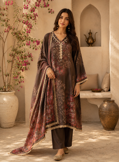 Stylish Printed Maslin Salwar Suit with Sea Shell Detailing
