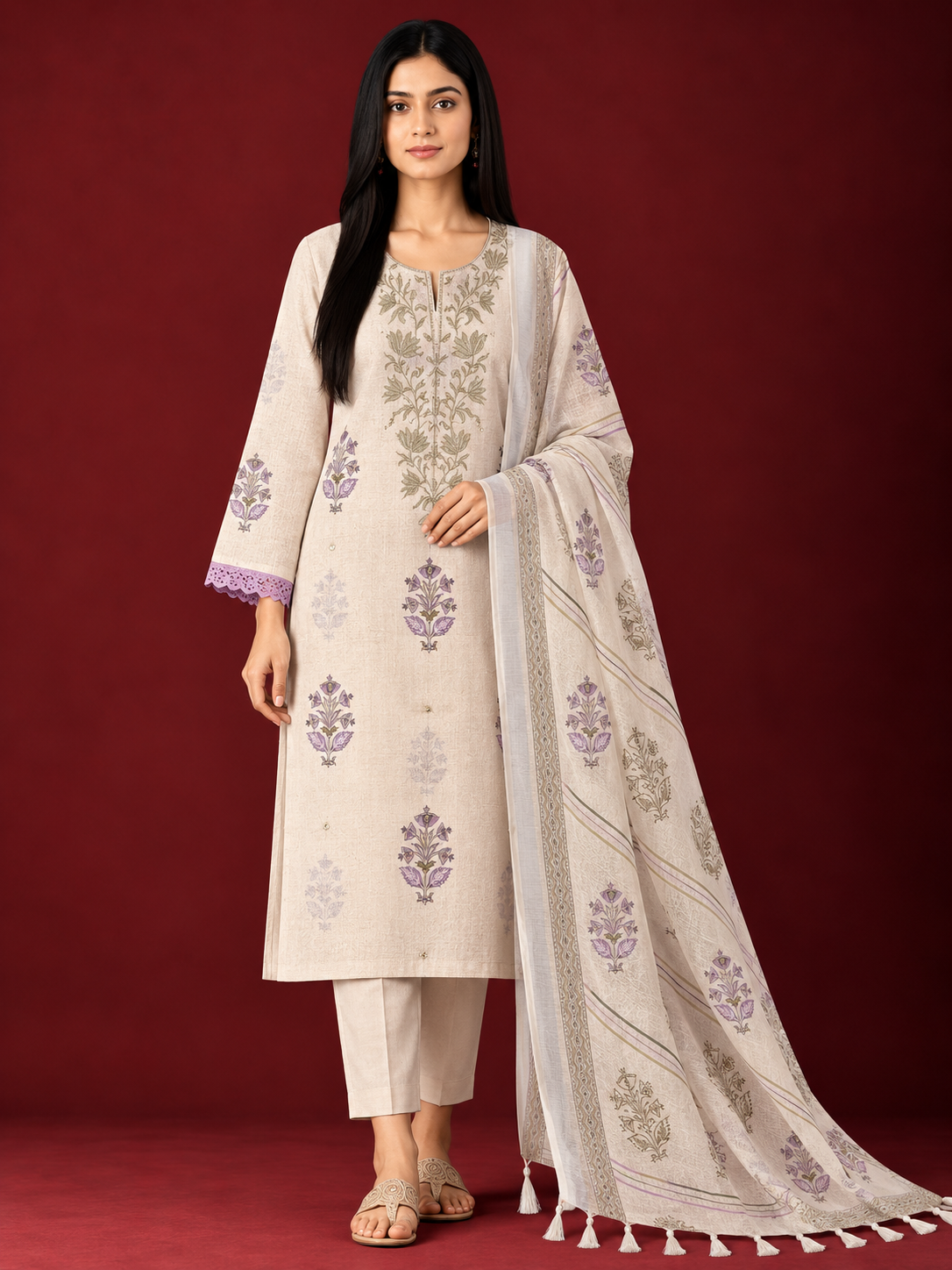 PITTA EMBROIDERED HAND-BLOCK LINEN SUIT SET