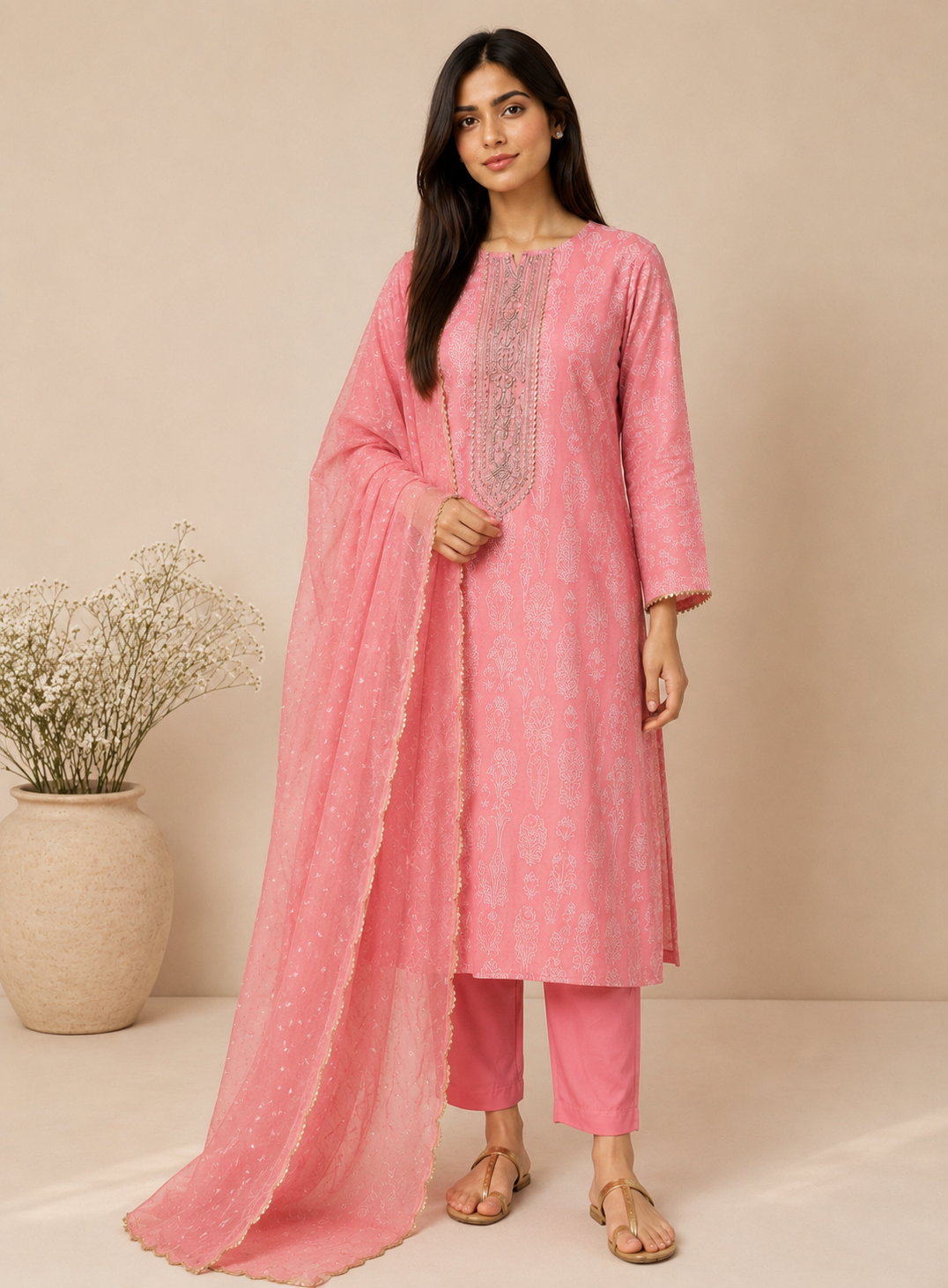 Soft Blush Pink Cotton Suit with Elegant Handwork