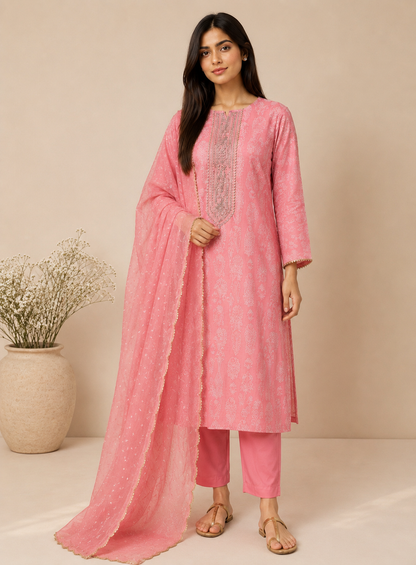 Soft Blush Pink Cotton Suit with Elegant Handwork