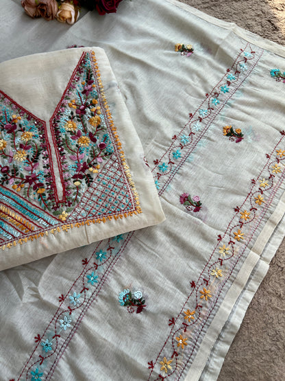 Beige Blossom Hand-Embroidered Chanderi Silk