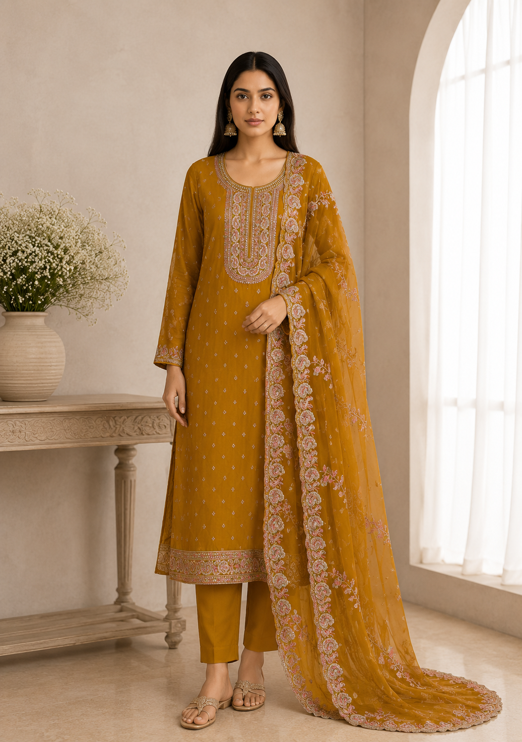 Elegant Chinnon Suit with Embroidered Neck & Daman