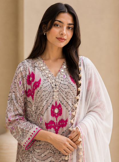 Pink Ikat Maslin Suit Set