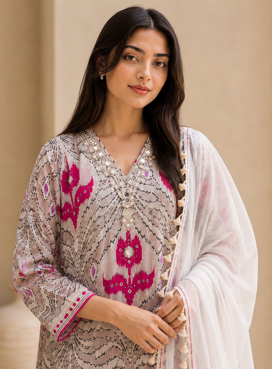 Pink Ikat Maslin Suit Set