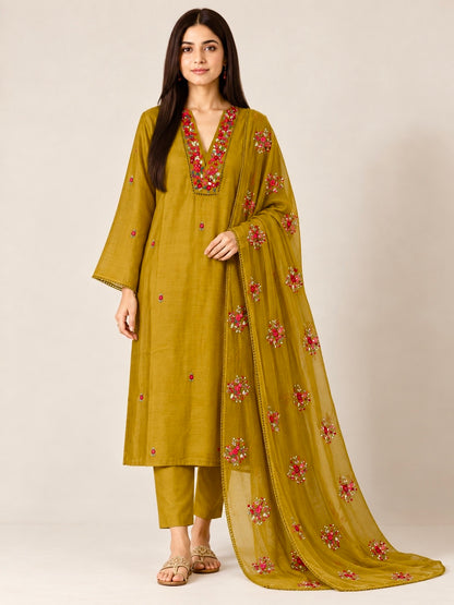Mustard Olive Hand-Embroidered Premium Maslin  Suit Set