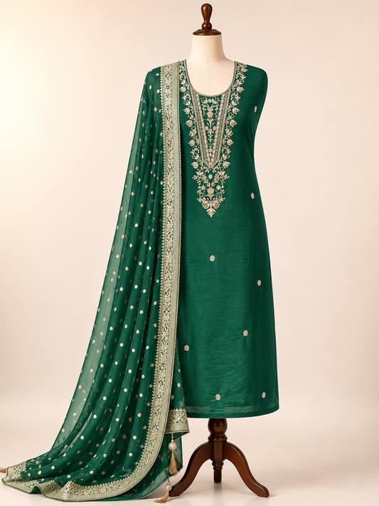 Emerald Green Russian crepe Hand Embroidered Suit