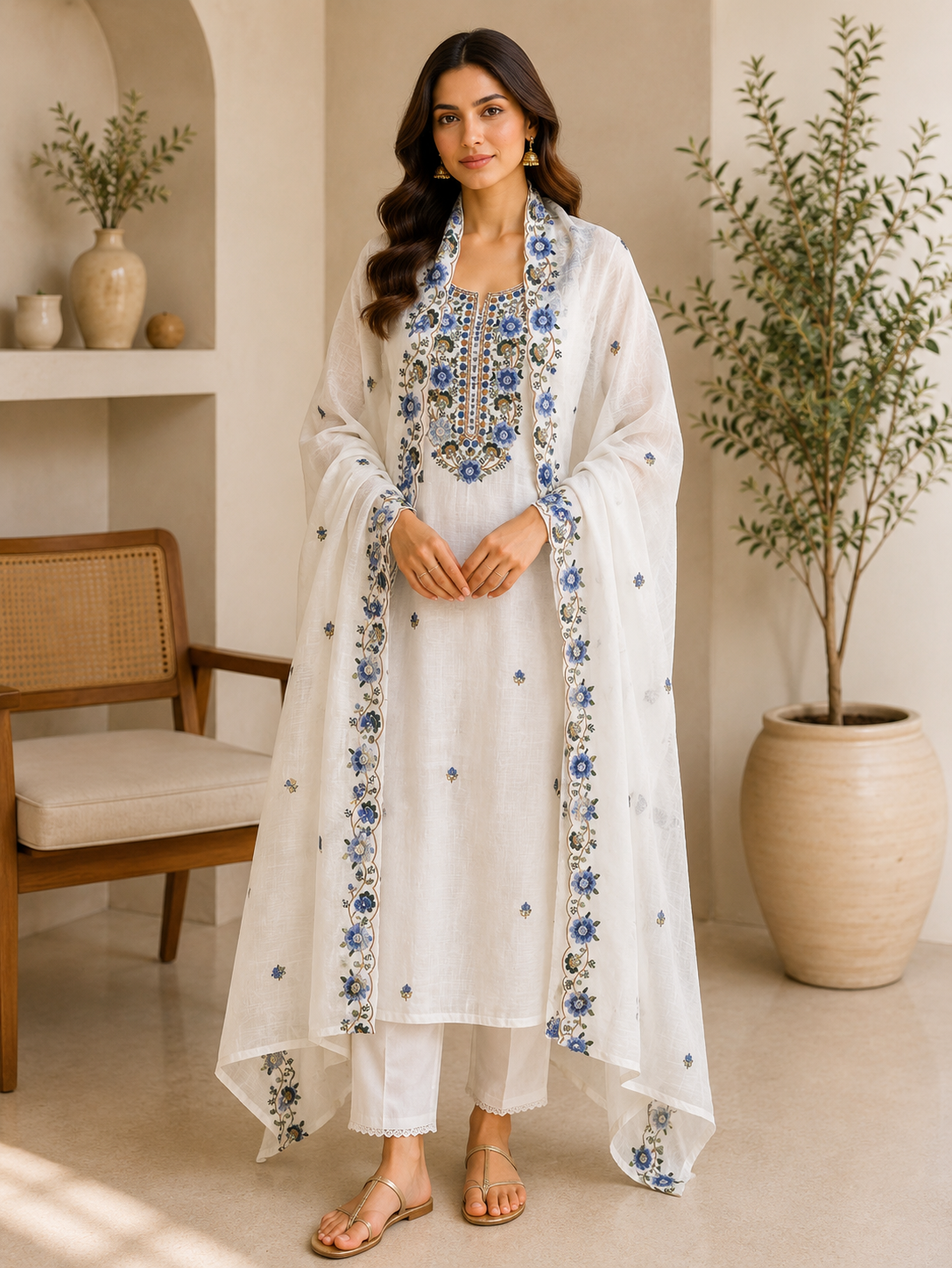 Floral Embroidered Linen Suit