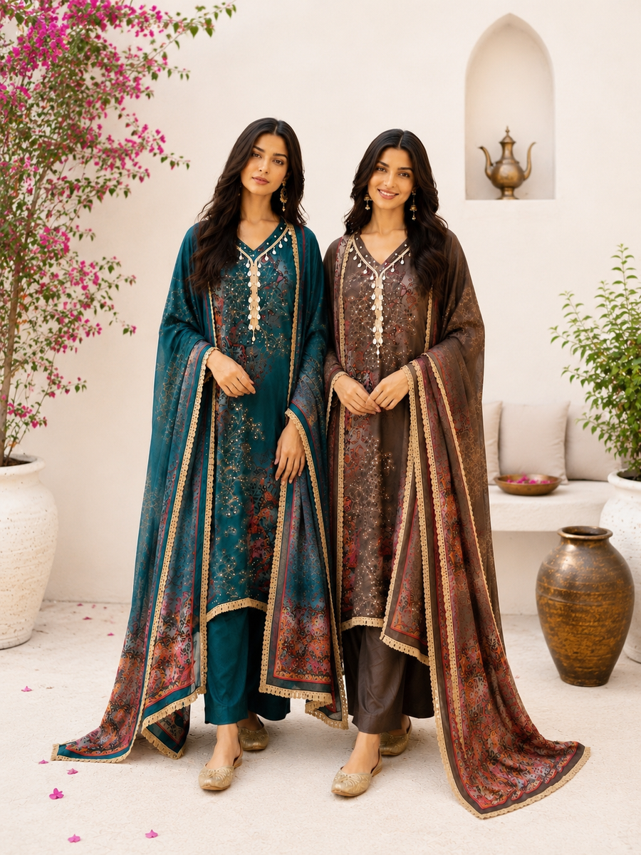 Stylish Printed Maslin Salwar Suit with Sea Shell Detailing