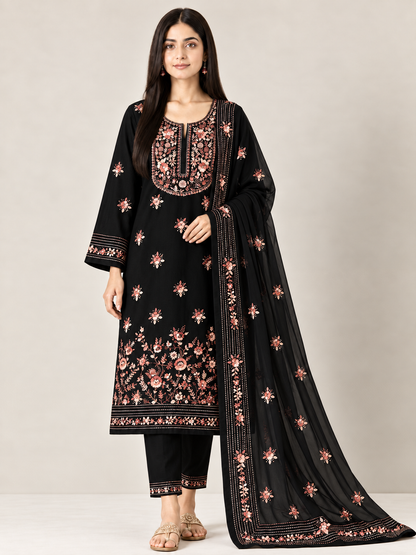 Midnight Black Bullion-Stitch Hand-Embroidered Georgette Suit Set