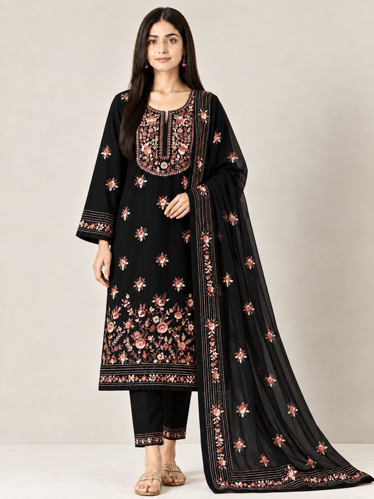 Midnight Black Bullion-Stitch Hand-Embroidered Georgette Suit Set