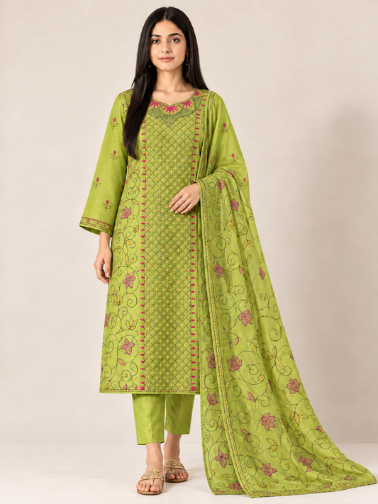 Lime Green Kathiyawadi Hand-Embroidered Suit Set
