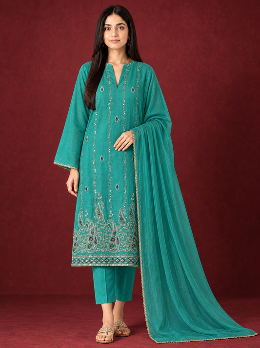 Radiant Teal Shimmer Silk Suit with Chiffon Dupatta