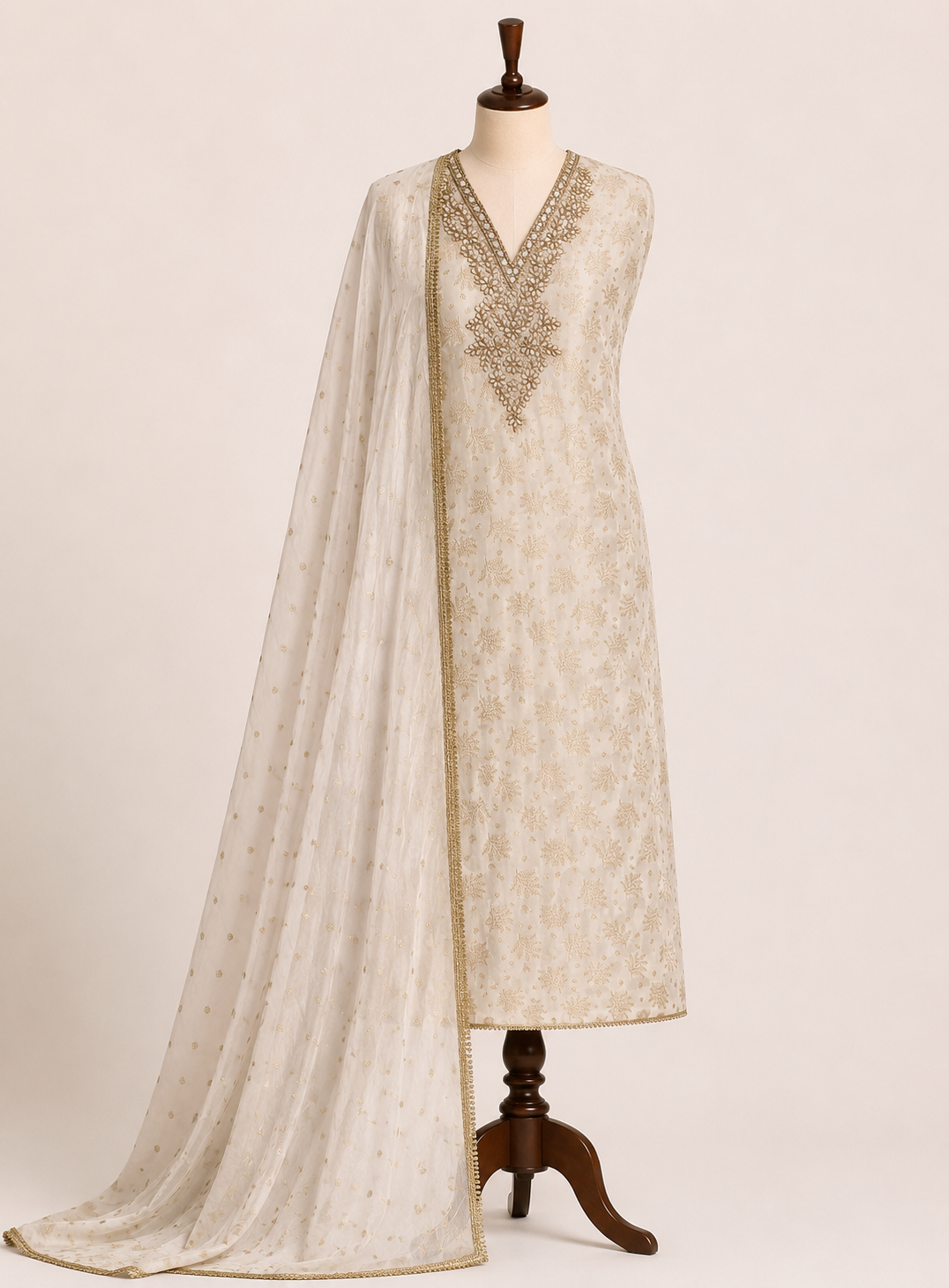 Milk Moon Shimmer Jacquard Banarasi Silk Suit with Chiffon Boota Dupatta
